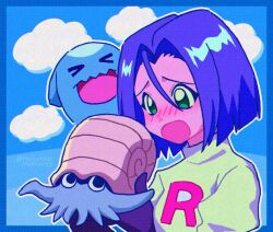 1boy black_gloves blue_hair blush clouds cloudy_sky commentary_request crop_top gloves green_eyes james_(pokemon) logo macchiromomomo omanyte pokemon pokemon_(anime) pokemon_(classic_anime) pokemon_(creature) single_letter sky team_rocket team_rocket_uniform wobbuffet worried 