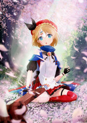  1girl absurdres ahoge apron beret black_bow black_gloves blue_cape blue_eyes blush bow braid brown_hair cape cherry_blossoms commentary_request crown_braid donna_(stella_sora) dress falling_petals fingerless_gloves garter_straps gloves hair_bow hair_ornament hairclip hat highres looking_at_viewer multicolored_hair outdoors parallel_hairclips petals pink_petals red_dress red_hat smile solo stella_sora stn_ekaki streaked_hair striped_clothes striped_dress thigh_strap thighs tree v white_apron white_hair 