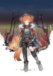  1girl animal arknights bare_tree beagle_(arknights) beagle_(dreadnaught)_(arknights) black_gloves black_jacket black_pantyhose black_shoes chinese_commentary closed_eyes commentary_request dog dog_girl dog_tail facing_viewer full_body fur-trimmed_jacket fur_trim gloves grey_sweater highres jacket nickel74466 official_alternate_costume orange_hair pantyhose shoes short_hair sitting solo sweater tail tree two_side_up 