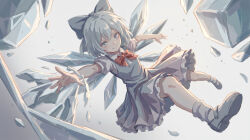  1girl backlighting blue_bow blue_dress blue_eyes blue_hair blue_shoes bow bowtie cirno closed_mouth collared_shirt commentary_request dress flying full_body hair_between_eyes hair_bow hands_up highres ice ice_wings looking_at_viewer magic pinafore_dress puffy_short_sleeves puffy_sleeves red_bow red_bowtie shirt shoes short_hair short_sleeves simple_background sleeveless sleeveless_dress smile socks solo touhou user_ardu5834 v-shaped_eyebrows white_background white_shirt white_socks wings 