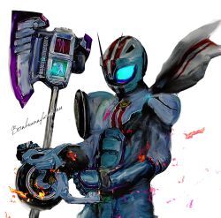  1boy absurdres artist_name commentary_request cowboy_shot highres holding holding_weapon kamen_rider kamen_rider_drive_(series) kamen_rider_mach looking_at_viewer male_focus obakelope0530 shingou-ax solo tokusatsu weapon white_background zenrin_shooter 