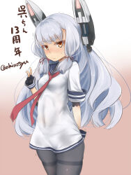  1girl akino_shuu black_gloves blue_sailor_collar blush breasts brown_background brown_eyes closed_mouth commentary_request covered_navel dress fingerless_gloves gloves gradient_background grey_hair grey_pantyhose hand_up headgear kantai_collection long_hair looking_at_viewer murakumo_(kancolle) necktie pantyhose red_necktie sailor_collar short_sleeves small_breasts solo sweat thick_eyebrows thighband_pantyhose translation_request trembling twitter_username v very_long_hair white_background white_dress 