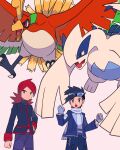  2boys black_hair blue_jacket clenched_hands closed_mouth commentary_request cowlick ethan_(pokemon) ethan_(sygna_suit)_(pokemon) fingerless_gloves frown gloves goggles goggles_on_head grey_background grey_gloves hand_on_own_hip highres ho-oh jacket long_hair long_sleeves lugia male_focus multiple_boys official_alternate_costume pants pokemon pokemon_(creature) pokemon_(game) pokemon_hgss pokemon_masters_ex purple_pants redhead scarf shirt short_hair silver_(pokemon) tyako_089 