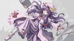  1girl blue_bow blue_ribbon blunt_bangs book boots bow bowtie breasts capelet collared_capelet commentary_request crescent crescent_hat_ornament double_bun dress dress_bow floating_hair flying footwear_bow frills full_body hair_bow hair_bun hands_up hat hat_ornament hat_ribbon highres holding holding_book long_dress long_hair long_sleeves looking_at_viewer magic_circle medium_breasts mob_cap open_book open_clothes open_mouth open_robe patchouli_knowledge pink_boots pink_capelet pink_dress pink_robe puffy_long_sleeves puffy_sleeves purple_hair red_bow red_bowtie red_ribbon ribbon robe sidelocks simple_background solo striped_clothes striped_dress touhou user_ardu5834 very_long_hair violet_eyes wavy_hair white_background yellow_bow 