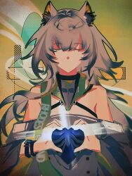  1girl animal_ear_fluff animal_ears arknights bare_shoulders bracelet cat_ears cat_girl chinese_commentary closed_eyes commentary_request dress facing_viewer gan'ansuan green_background grey_hair hands_up heart heart_hands highres hole_in_chest hole_on_body jewelry kal'tsit_(arknights) kal'tsit_esperanta_(arknights) long_hair long_sleeves no_mouth ribs solo upper_body white_dress 