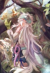  1girl absurdres animal animal_ears arknights chinese_commentary commentary_request cowboy_shot day forest from_behind gloves green_gloves grey_hair hair_between_eyes hand_up highres hongshan_forest_zoo jacket lappland_(arknights) long_hair long_sleeves looking_at_viewer looking_back nature official_alternate_costume purple_jacket scar scar_across_eye scar_on_face smile solo standing visor_cap wangmo0404 wolf wolf_ears wolf_girl 