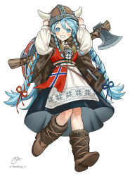  1girl 2026_fifa_world_cup absurdres aqua_eyes aqua_hair axe braid dress fake_horns hands_on_own_head hatsune_miku helmet highres horned_helmet horns naoboy_x norway norwegian_flag norwegian_flag_print norwegian_miku shield simple_background smile sword twin_braids viking vocaloid weapon white_background world_cup yarm_helmet 