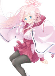  1girl absurdres black_pantyhose blue_archive blue_eyes blush bow braid braided_base bright_pupils bun_with_braided_base commentary_request eyelashes eyes_visible_through_hair feet_out_of_frame floating_hair hair_bun hair_ornament hakama hakama_short_skirt hakama_skirt halo hand_up highres invisible_chair japanese_clothes kanikama_acedia long_hair long_sleeves looking_at_viewer mimori_(blue_archive) open_mouth pantyhose pink_hair pink_halo pleated_skirt red_bow red_hakama red_sailor_collar red_skirt sailor_collar school_uniform serafuku shirt sidelocks simple_background single_side_bun sitting skirt smile solo tassel tassel_hair_ornament very_long_hair white_background white_pupils white_shirt 