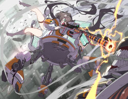  1girl barefoot black_hair debris electricity energy_gun food food-themed_hair_ornament goddess_of_victory:_nikke green_eyes gun hair_horns hair_ornament highres jacket kamaboko long_hair long_sleeves mechanical_legs micro_shorts midair multicolored_jacket narutomaki narutomaki_hair_ornament open_mouth rapture_(nikke) rifle robot shorts sniper_rifle syope thigh_strap thighs trony_(nikke) two-tone_jacket weapon white_shorts 