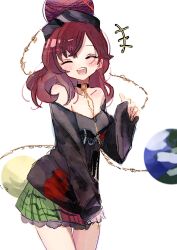 1girl bare_shoulders black_shirt blush closed_eyes clothes_writing collarbone earth_(ornament) emimi_(emimi_28) facing_viewer hecatia_lapislazuli highres long_sleeves medium_hair moon_(ornament) multicolored_skirt off_shoulder open_mouth plaid_clothes plaid_skirt red_hair shirt simple_background skirt solo teeth touhou twitter_username upper_teeth_only white_background 