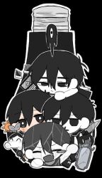  4boys antenna_hair black_background black_eyes black_hair blush_stickers bright_pupils cat chibi chibi_only closed_eyes closed_mouth colored_skin commentary computer double-parted_bangs fang hair_between_eyes key knife laptop light_bulb looking_at_another looking_at_viewer male_focus mewo mirror multiple_boys multiple_persona noriz98925 omoli_(omori) omori omori_(omori) omoriboy open_mouth photo_(object) shattered_omori_(omori) short_hair simple_background single_blush_sticker smile something_(omori) sunny_(omori) tissue tissue_box untranslatable_commentary white_pupils white_skin 