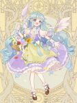  1girl :d basket brown_footwear dairoku_ryouhei dress flower full_body green_hair oooita pantyhose purple_dress short_sleeves smile solo standing til_roeve violet_eyes white_pantyhose white_wings wings yellow_background 