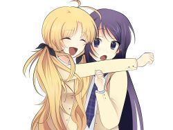  2girls absurdres antenna_hair aoi_sena aoriami blazer blush chaos;head closed_eyes highres hug hug_from_side jacket long_hair loose_necktie multiple_girls necktie open_clothes open_jacket open_mouth orihara_kozue plaid_clothes plaid_necktie purple_hair school_uniform science_adventure suimei_academy_school_uniform surprised tongue very_long_hair violet_eyes winter_uniform 