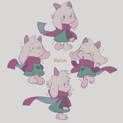  1boy aming1001 blush chibi closed_eyes closed_mouth deltarune english_text floppy_ears furry furry_male goat_horns green_robe horns looking_at_viewer looking_to_the_side looking_up male_focus multiple_views open_mouth pink_scarf ralsei robe round_eyewear scarf smile sparkle utdr_(toby_fox) white_fur 