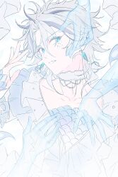  1boy absurdres alternate_costume black_streaks blue_eyes choker collarbone curtained_hair dreonya earrings ensemble_stars! eyeliner frilled_shirt frills head_tilt highres jewelry long_sleeves looking_up makeup male_focus mullet multicolored_hair necklace open_mouth out_of_frame pale_colors parted_bangs pearl_necklace red_eyeliner shirt short_hair solo streaked_hair taki_ibuki transparent_hand upper_body v-neck white_background white_choker white_hair white_shirt 