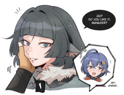  ! 2girls animal_ears belle_(zenless_zone_zero) black_hair blue_hair commentary english_commentary english_text female_pov fingerless_gloves fox_bun gloves green_eyes jane_doe_(zenless_zone_zero) long_hair mouse_ears mouse_girl multiple_girls orange_gloves pov short_hair simple_background spoken_exclamation_mark white_background yuri zenless_zone_zero 