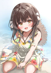  1girl alternate_costume beach braid commentary_request crown_braid dress floral_print hat hat_on_back highres kantai_collection kasashi_(kasasi008) short_hair_with_long_locks sitting smile solo straw_hat sun_hat sundress ukuru_(kancolle) wariza water white_dress 