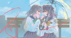  2girls absurdres alternate_costume aqua_bow aqua_bowtie bow bowtie buttons commentary cosplay double-breasted english_commentary eye_contact finger_to_another's_nose firefly_(honkai:_star_rail) firefly_(honkai:_star_rail)_(cosplay) grey_hair grey_sailor_collar grey_skirt hairband highres holding holding_umbrella honkai:_star_rail honkai_(series) horik_22 index_finger_raised long_hair long_sleeves looking_at_another multiple_girls name_tag official_alternate_costume on_bench open_mouth outdoors parted_lips plaid_clothes plaid_skirt rain sailor_collar school_uniform serafuku shirt sitting skirt stelle_(honkai:_star_rail) teeth trailblazer_(honkai:_star_rail) transparent transparent_umbrella umbrella untucked_shirt upper_body upper_teeth_only violet_eyes yellow_bow yellow_bowtie yellow_eyes 