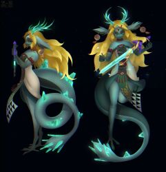  1girl animal_legs artist_logo artist_name bare_shoulders black_background blonde_hair choker closed_mouth colored_sclera colored_skin commentary crystal dragon_ears dragon_girl dragon_horns dragon_tail dress earrings forehead_jewel frilled_armlet frilled_choker frills from_side full_body furrification furry glowing glowing_sword glowing_weapon gradient_eyes green_eyes green_horns green_skin green_skirt half-closed_eyes hands_up highres holding holding_sword holding_weapon horns jewelry kmnsaur light_dragon_(zelda) light_particles logo long_hair looking_at_object looking_down multicolored_eyes multiple_views pelvic_curtain princess_zelda purple_sclera red_choker russian_commentary skirt snout spoilers standing standing_on_one_leg sword tail tassel tassel_earrings the_legend_of_zelda the_legend_of_zelda:_tears_of_the_kingdom two-tone_dress weapon white_dress 