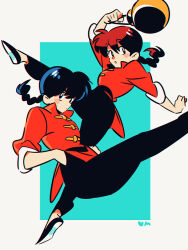  1boy 1girl black_hair black_pants black_shoes blue_background blush_stickers braid character_and_genderswap chinese_clothes closed_mouth commentary hand_in_pocket holding moc_(miraongchua) open_mouth pants ranma_1/2 red_hair saotome_ranma saotome_ranma_(female) saotome_ranma_(male) shoes single_braid tangzhuang untranslatable_commentary 