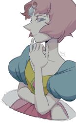  1girl blue_eyes dress fake_doe forehead_jewel gem gem_(steven_universe) homeworld_gem_uniform official_alternate_costume pearl_(original_form)_(steven_universe) pearl_(steven_universe) pointy_nose puffy_short_sleeves puffy_sleeves short_hair short_sleeves solo steven_universe 