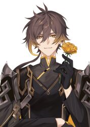  1boy absurdres antenna_hair armor black_changpao black_gloves black_tabard blonde_hair bright_pupils brown_hair changpao chinese_clothes closed_mouth cropped_torso diamond-shaped_pupils diamond_(shape) eyeshadow flower genshin_impact gloves gradient_hair hair_between_eyes hand_up highres holding holding_flower long_hair long_sleeves looking_at_viewer low_ponytail makeup male_focus mandarin_collar multicolored_hair official_alternate_costume orange_flower ponytail red_eyeshadow shoulder_armor simple_background smile solo symbol-shaped_pupils tabard two-tone_hair upper_body white_background white_pupils yellow_eyes yugo_(yugonm222) zhongli_(genshin_impact) zhongli_(lantern_rite)_(genshin_impact) 