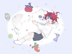  1049927422 1boy ahoge animal_hug animalization aotsuki_eito ball black_hair black_shorts chinese_commentary closed_eyes commentary_request dog fang gauze_on_knee highres hood hood_down hoodie male_focus multicolored_hair no_shoes open_mouth pet_toy red_hair short_hair shorts skin_fang smile socks sparkle streaked_hair sumino_takumi sunglasses the_hundred_line_-last_defense_academy- two-tone_hair white_dog white_hoodie white_socks 