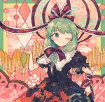  1girl ;) arm_ribbon black_dress bow closed_mouth dress frilled_bow frilled_ribbon frilled_sleeves frills front_ponytail green_eyes green_hair hair_bow hair_ribbon highres itomugi-kun kagiyama_hina long_hair one_eye_closed puffy_short_sleeves puffy_sleeves red_bow red_ribbon ribbon short_sleeves smile solo touhou 