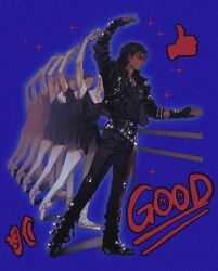  1boy 6+girls ^_^ absurdres arm_up bad_(michael_jackson) ballet ballet_slippers black_jacket blue_background closed_eyes commentary dark-skinned_male dark_skin fingerless_gloves full_body gloves highres iamspidermam jacket michael_jackson multiple_girls real_life shirt_tucked_in smile thumbs_up 