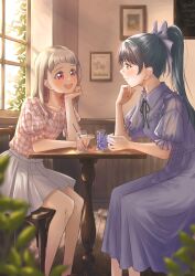  2girls absurdres alternate_hairstyle arashi_chisato black_hair cafe commentary_request dress drink hazuki_ren highres indoors looking_at_another love_live! love_live!_superstar!! multiple_girls open_mouth picture_frame ponytail purple_dress purple_ribbon red_eyes ribbon short_hair sitting skirt table uduki_fuji white_hair white_skirt window wooden_floor wooden_table 