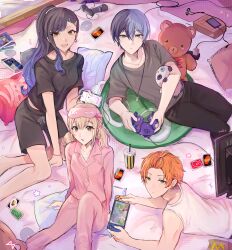  2boys 2girls adair_(juicelooped) alternate_costume aoyagi_touya azusawa_kohane bad_id bad_twitter_id bangs_pinned_back black_hair black_pants blue_eyes blue_hair breasts brown_eyes brown_hair cd cellphone closed_mouth controller cup drawstring ear_piercing earphones earrings game_controller gradient_hair grey_shirt grey_shorts hair_between_eyes hair_ornament hairclip handheld_game_console highres holding holding_controller holding_game_controller holding_handheld_game_console holding_phone jewelry long_hair long_sleeves looking_at_viewer lying microphone mole mole_under_eye multicolored_hair multiple_boys multiple_girls multiple_hairclips necklace nintendo_switch on_stomach open_mouth orange_hair pajamas pants phone piercing pillow pink_pajamas ponytail project_sekai shinonome_akito shiraishi_an shirt short_hair short_sleeves short_twintails shorts sitting sleeveless smartphone smile split-color_hair star_(symbol) star_earrings stuffed_animal stuffed_toy t-shirt tank_top teddy_bear tied_drawstring twintails two-tone_hair uno_(game) vivid_bad_squad_(project_sekai) white_tank_top 