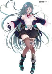  1girl ? ?? absurdres aqua_belt aqua_boots aqua_hair assault_lily bare_shoulders belt black_boots boots breasts brown_thighhighs collared_shirt commentary_request floating_hair flower full_body hair_between_eyes hair_flower hair_ornament hands_up heel_up highres hotaru_(ultraroly_poly) jacket lace-trimmed_skirt lace_trim long_bangs long_hair long_sleeves looking_ahead material_growth medium_breasts miniskirt multicolored_boots mysterious_lily_(assault_lily) neck_ribbon off_shoulder official_art open_clothes open_jacket outstretched_arms parted_lips pigeon-toed pink_eyes pleated_skirt red_ribbon ribbon shirt simple_background skirt sleeve_belt sleeveless sleeveless_shirt sleeves_past_wrists solo thigh-highs thigh_belt thigh_strap two-tone_boots very_long_hair white_background white_flower wide_sleeves zettai_ryouiki zipper_pull_tab 