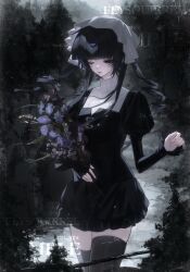  1girl absurdres black_dress black_flower black_hair black_thighhighs blue_flower blunt_bangs bouquet closed_mouth commission cowboy_shot dress face_piercing flower flysquirrel forest frilled_sleeves frills goth_fashion headscarf highres holding holding_bouquet juliet_sleeves labret_piercing long_hair long_sleeves mihuashi_commission mole mole_under_eye nature one_eye_closed original outdoors piercing puffy_sleeves purple_flower scar scar_across_eye scar_on_face shirt short_dress single_sleeve_past_wrist solo thigh-highs tree turtleneck turtleneck_shirt twintails watermark white_headscarf white_shirt zettai_ryouiki 