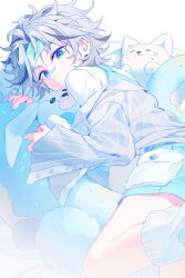  1boy absurdres bandaid bandaid_on_face bandaid_on_nose blue_eyes blue_headband blue_shorts closed_mouth curtained_hair dreonya ensemble_stars! from_behind grey_hair headband highres hugging_doll hugging_object kneehighs long_sleeves looking_at_viewer looking_back lying male_focus multicolored_hair off-shoulder_shirt off_shoulder on_stomach parted_bangs pocket shirt shirt_under_shirt short_hair shorts simple_background sleeves_past_wrists socks solo streaked_hair striped_clothes striped_shirt stuffed_animal stuffed_cat stuffed_donut stuffed_rabbit stuffed_toy taki_ibuki white_background white_socks wide_sleeves 
