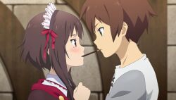  1boy 1girl blurry blurry_background blush brown_cape brown_hair cape clenched_hand collared_shirt enmaided eye_contact food from_side game_asset green_eyes grey_sleeves hand_up highres kono_subarashii_sekai_ni_shukufuku_wo! kono_subarashii_sekai_ni_shukufuku_wo!_kono_yokubukai_game_ni_shinpan_o! looking_at_another maid maid_headdress megumin non-web_source official_art pocky pocky_kiss profile raised_inner_eyebrows red_eyes red_ribbon ribbon satou_kazuma self-datamine shirt short_hair short_hair_with_long_locks stone_wall sweatdrop tearing_up upper_body white_shirt 
