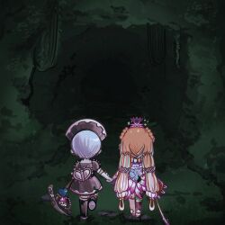  2girls babybweep cave classical_lillian commentary earrings hair_ornament hat highres holding holding_hands holding_pickaxe jewelry kumi-kumi long_hair magical_girl mahou_shoujo_ikusei_keikaku mahou_shoujo_ikusei_keikaku_black mixed-language_commentary multicolored_hair multiple_girls pickaxe short_hair sparkle untranslatable_commentary white_hair 