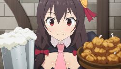  1girl alcohol beer beer_mug black_shirt blush bow breasts brick_wall brown_hair chicken_(food) cleavage_cutout closed_mouth clothing_cutout collared_shirt cup food fried_chicken game_asset hair_bow highres holding holding_plate indoors kono_subarashii_sekai_ni_shukufuku_wo! kono_subarashii_sekai_ni_shukufuku_wo!_kono_yokubukai_game_ni_shinpan_o! large_breasts looking_at_viewer low_twintails mug necktie non-web_source official_art pink_necktie plate portrait puffy_sleeves red_bow red_eyes self-datamine shirt smile solo standing twintails yunyun_(konosuba) 