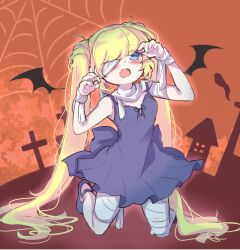  1girl alternate_costume back_bow bandaged_arm bandaged_leg bandaged_neck bandages black_bow black_dress black_shoes blonde_hair blue_eyes blush bow breasts commentary_request dress fang full_body gattengou hair_between_eyes halloween halloween_costume hands_up highres kneeling long_hair looking_at_viewer nakatsu_shizuru one_eye_covered open_mouth orange_background pleated_dress rewrite shoes short_dress sidelocks silk simple_background skin_fang sleeveless sleeveless_dress small_breasts solo spider_web twintails very_long_hair 