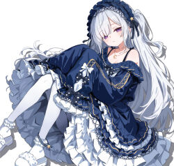  1girl bare_shoulders black_ribbon blue_dress blue_hairband bow closed_mouth crescent crescent_necklace dress dress_bow frilled_dress frilled_hairband frilled_sleeves frilled_socks frills gothic_lolita hair_over_one_eye hair_ribbon hairband highres jewelry lolita_fashion lolita_hairband long_hair long_sleeves looking_at_viewer mahou_shoujo_no_majo_saiban natsume_an-an necklace off-shoulder_dress off_shoulder pantyhose polka_dot polka_dot_bow ribbon simple_background sitting sleeve_bow sleeves_past_fingers sleeves_past_wrists socks solo sumishake violet_eyes white_background white_hair white_pantyhose white_sleeves wide_sleeves 