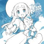  1girl :d alolan_vulpix aqua_background blush braid dress eyelashes hat highres holding holding_pokemon kinocopro lillie_(pokemon) long_hair looking_at_viewer milestone_celebration open_mouth outstretched_hand pokemon pokemon_(anime) pokemon_(creature) pokemon_sm_(anime) short_sleeves smile sun_hat thank_you 