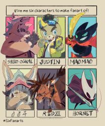  1girl 1other 4boys animal_crossing beaver_boy black_fur brown_fur c.j._(animal_crossing) cat_boy character_name commentary english_text fangs final_fantasy final_fantasy_vii furry furry_male grey_fur grin highres holding holding_phone holding_sword holding_weapon hollow_knight hollow_knight:_silksong hornet_(hollow_knight) looking_at_viewer looking_to_the_side made_in_abyss mao_mao:_heroes_of_pure_heart mao_mao_(mao_mao:_heroes_of_pure_heart) masked multiple_boys multiple_drawing_challenge murayama_ryota nanachi_(made_in_abyss) ogami_shiro open_mouth phone red_fur red_xiii selfie six_fanarts_challenge smile sword v weapon wolf_boy 