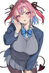  1girl blue_bow blue_jacket blue_streaks blush bow breasts bright_pupils cardigan colored_inner_hair commentary_request demon_girl demon_tail diagonal-striped_bow grey_cardigan grey_skirt hair_horns hair_ribbon hand_on_own_cheek hand_on_own_face hand_on_own_thigh harutoyumaarts highres jacket kanan-sama_wa_akumade_choroi kanan_(kanan-sama) large_breasts looking_at_viewer medium_hair multicolored_hair pantyhose parted_lips pink_eyes pink_hair pleated_skirt pointy_ears ribbon school_uniform shirt simple_background skirt slit_pupils streaked_hair striped_bow tail v-shaped_eyebrows white_background white_shirt 