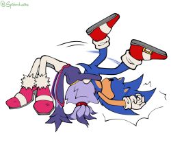  1boy 1girl animal_ears blaze_the_cat blush cat_ears cat_girl cat_tail furry furry_female furry_male gloves green_eyes highres hug hug_from_behind looking_to_the_side sonic_(series) sonic_the_hedgehog spanish_commentary spidercheetos suplex tail white_background yellow_eyes 
