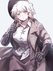  1girl blue_eyes breasts brown_coat brown_skirt buttons coat collared_shirt commentary_request cowboy_shot dawn_office_(identity)_(project_moon) dress_shirt faust_(project_moon) hand_up highres holding_strap instrument_case instrument_case_on_back lapels large_breasts limbus_company mechanical_arms notched_lapels open_clothes open_coat parted_lips pencil_skirt project_moon rug_(yurari606) shirt sidelocks simple_background skirt solo untucked_shirt watermark white_background white_hair 