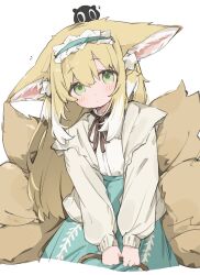  1girl animal_ears aqua_skirt arknights blonde_hair blush brown_ribbon cardigan closed_mouth commentary green_eyes hair_between_eyes heixiu highres holding jewelry long_hair looking_at_viewer multicolored_hair multiple_tails neck_ring notice_lines official_alternate_costume open_cardigan open_clothes ribbon shirt simple_background skirt solo streaked_hair suzuran_(arknights) suzuran_(spring_praise)_(arknights) tail the_legend_of_luo_xiaohei tntl_nemui white_background white_cardigan white_hair white_shirt yellow_tail 