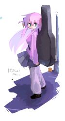  ame_morib black_skirt blue_eyes bocchi_the_rock! commentary cube_hair_ornament floating_hair full_body gotoh_hitori guitar_case hair_ornament instrument_case jacket long_hair looking_back pants pants_under_skirt pink_hair pink_jacket pink_pants pink_track_suit pleated_skirt skirt track_jacket track_suit translation_request 