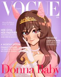  1girl animal_ears blush breasts brown_hair closed_mouth cover cover_page dress ear_covers english_text fake_cover fake_magazine_cover gentildonna_(la_dama_perfetta)_(umamusume) gentildonna_(umamusume) gloves gold_tiara hanatohikari highres horse_ears horse_girl jewelry large_breasts long_hair looking_at_viewer magazine_cover necklace official_alternate_costume pearl_necklace pink_dress puffy_short_sleeves puffy_sleeves red_eyes short_sleeves smile solo tiara umamusume upper_body vogue_(magazine) white_gloves 