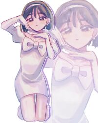  1girl alien_stage black_hair bob_cut bow chest_bow commentary dress dress_bow gloved_sleeves gloves hairband highres juliet_sleeves kanmuri_(555oo000) kneeling long_sleeves off-shoulder_dress off_shoulder puffy_sleeves short_hair solo sua_(alien_stage) untranslatable_commentary violet_eyes white_bow white_dress white_gloves white_hairband zoom_layer 