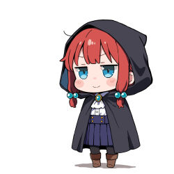  1girl black_cloak black_pantyhose blue_eyes blue_skirt blush_stickers boots brown_boots chibi cloak closed_mouth collared_shirt commentary_request full_body hair_bobbles hair_ornament hood hood_up hooded_cloak original pantyhose pleated_skirt red_hair shirt shirt_tucked_in simple_background skirt smile solo standing white_background white_shirt yuuji_overall 