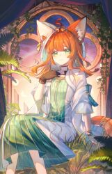  1girl absurdres ahoge animal_ear_fluff animal_ears aoko_(amamiya_aoko) arknights blunt_bangs blunt_ends brown_gloves cat_ears cat_girl cat_tail chinese_commentary closed_mouth commentary_request cowboy_shot curtains dress ears_under_headwear gloves green_dress green_eyes hand_up highres hooded_dress leaf long_hair looking_at_viewer orange_hair orange_tail papyrus_(arknights) plant sitting sky smile solo tail tail_ornament tail_ring window 